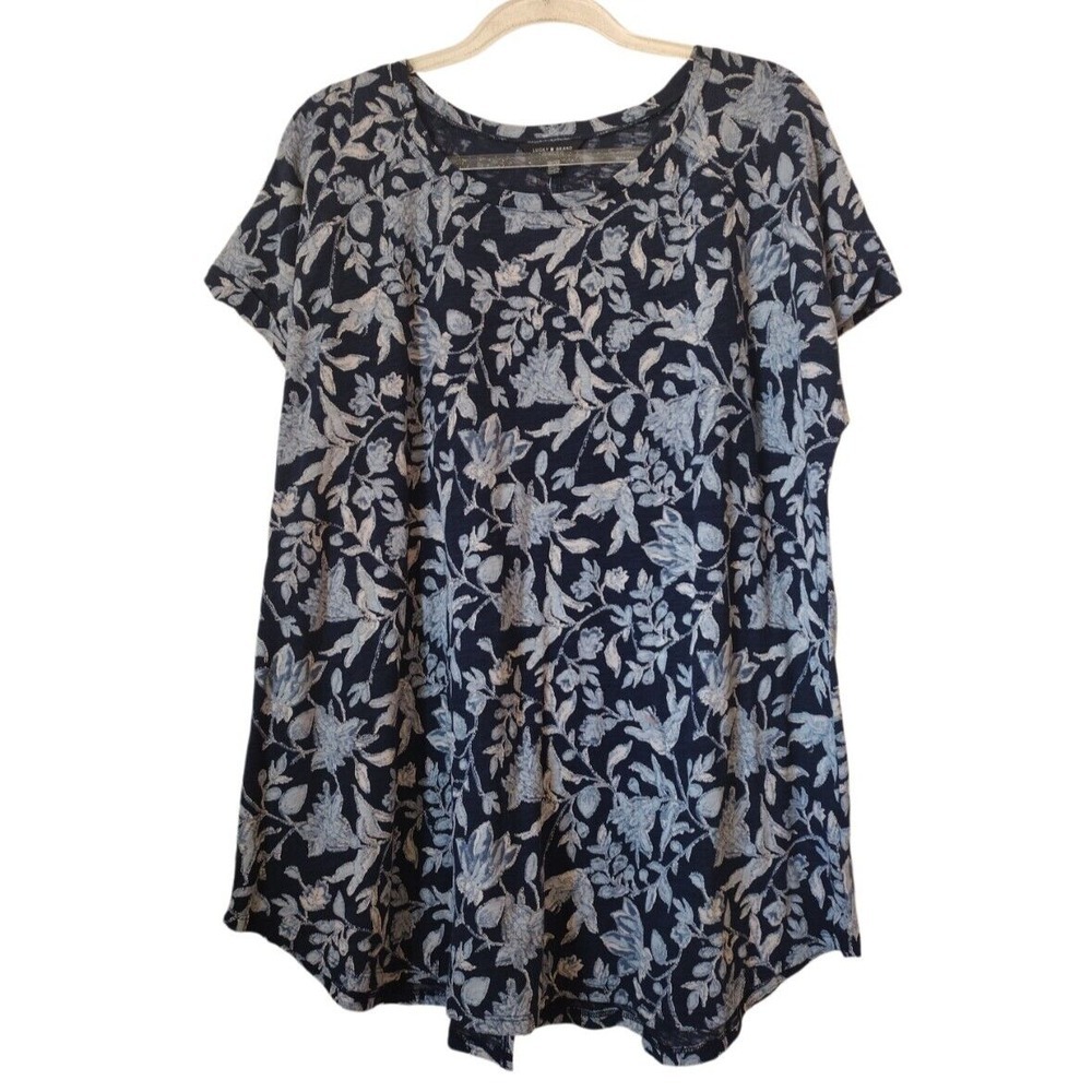 Lucky Brand Blouse Woman XXL Blue Floral‎ Boho Knit Short Sleeves Peasant Flowy
